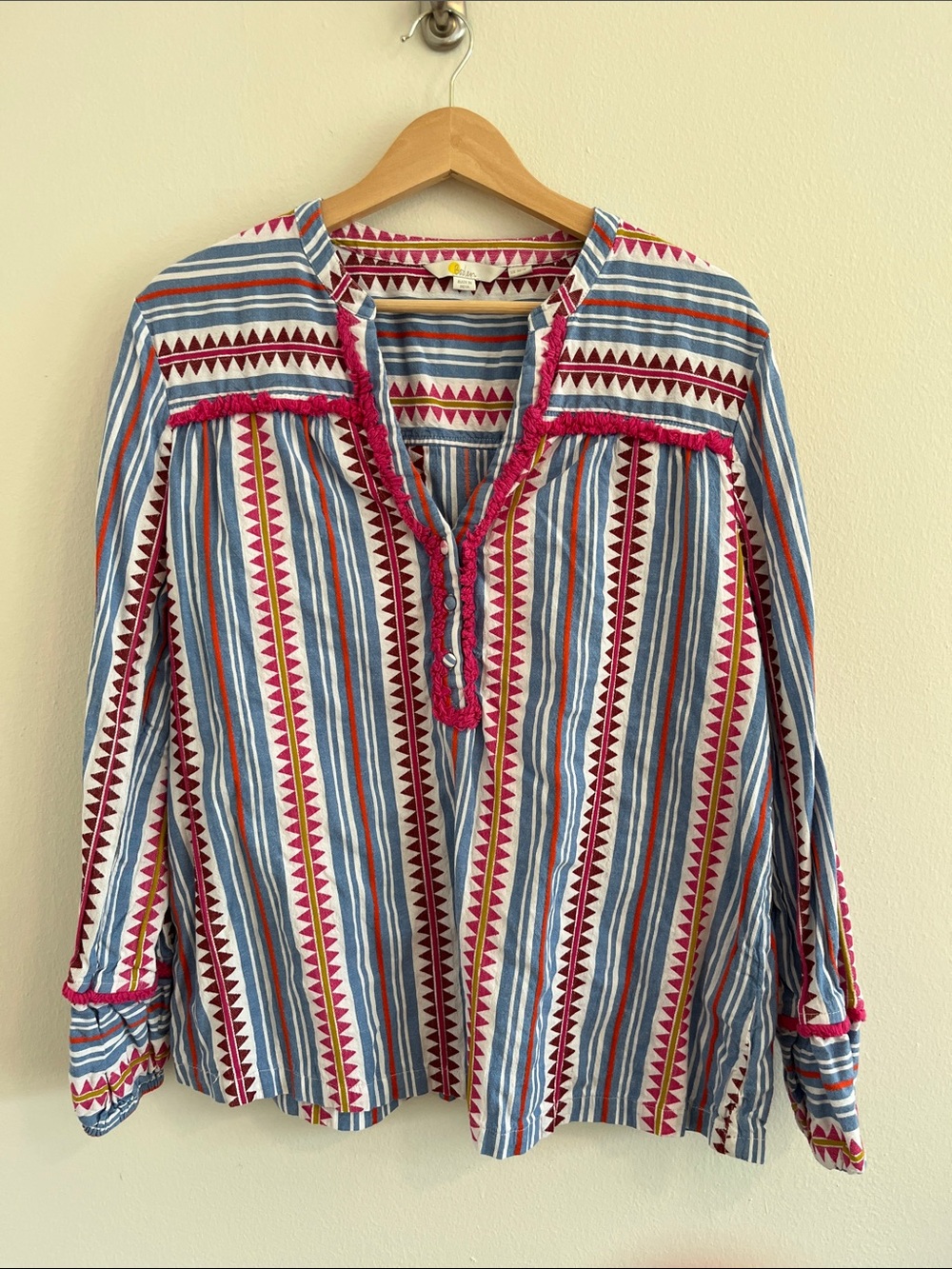 Boden Striped Tunic with Pink Embroidered Trim